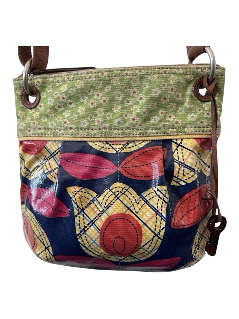 Fossil Key Per Coated Canvas Crossbody with Geometric Floral Tulip Design